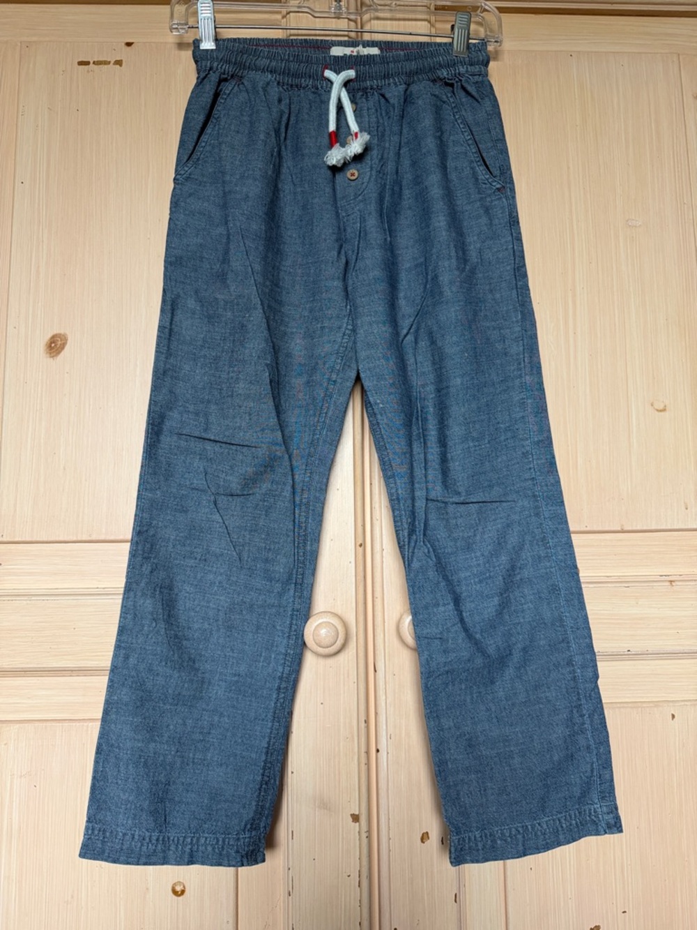 Mini Boden Denim-Effect Chambray Joggers in Blue with Drawstring